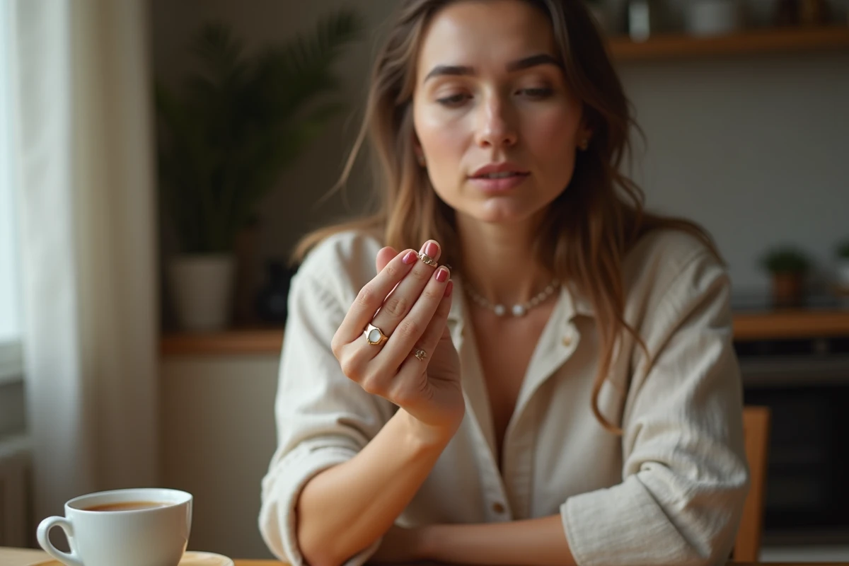 Jeune femme à table comparant deux bagues dorées sur son doigt pour trouver la bonne taille, avec une expression concentrée et naturelle