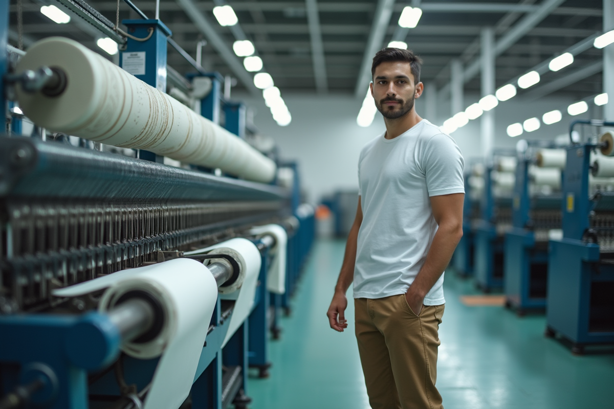 Jeune homme supervisant une machine à tisser moderne