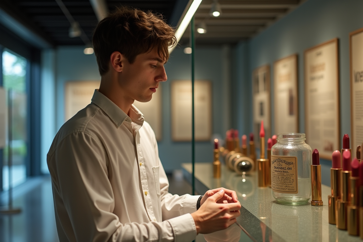 Jeune curateur examine un étui à lipstick vintage dans un musée