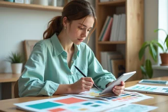 Designer graphique travaillant avec la couleur vert d'eau dans un studio de design scandinave