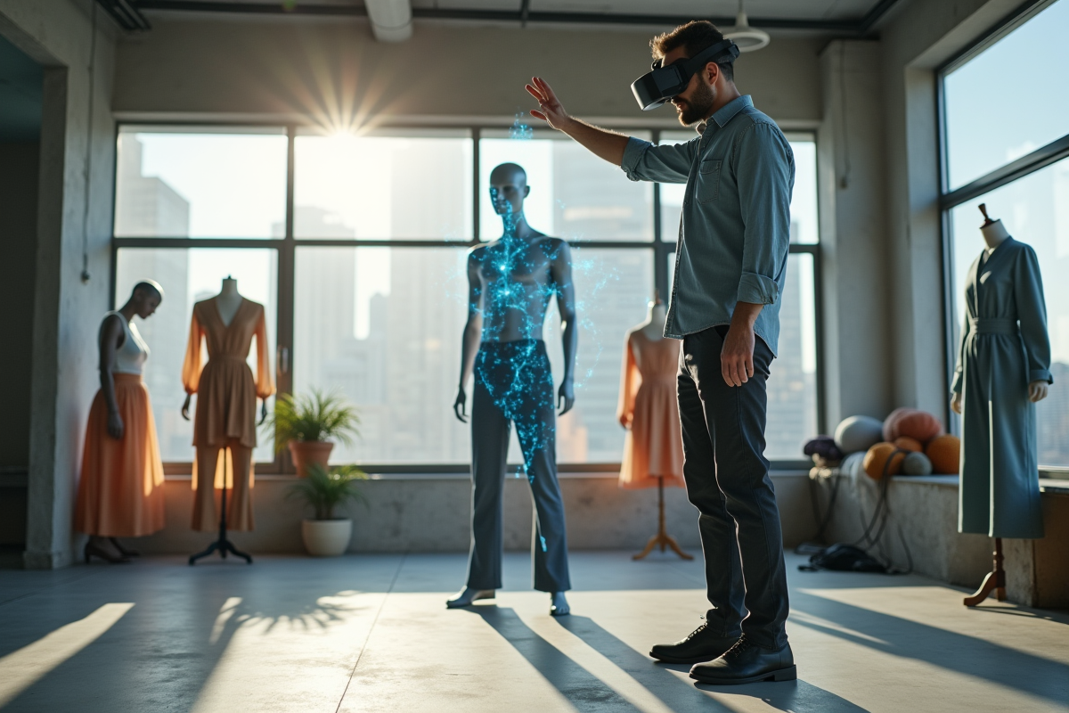 Designer homme portant un casque AR dans son studio créatif