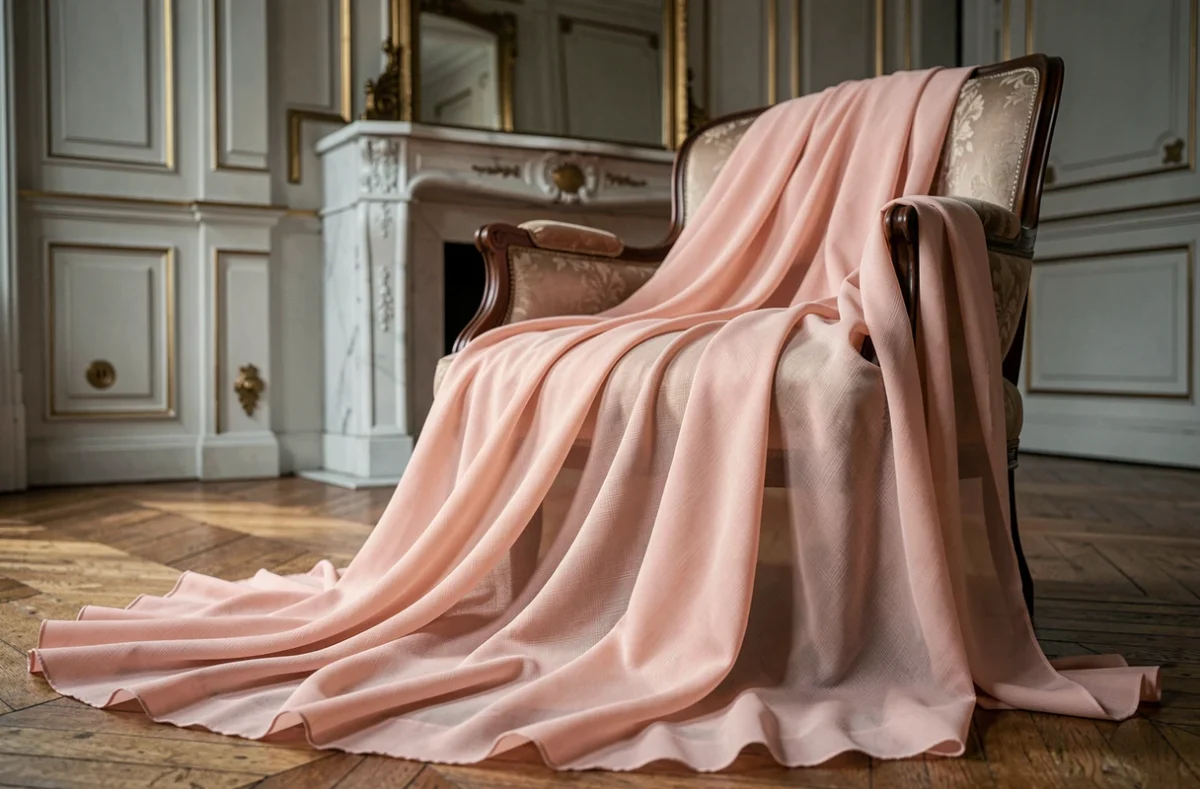 Détail d'une robe de soirée rose poudré en mousseline drapée sur un fauteuil vintage dans un appartement parisien haussmannien