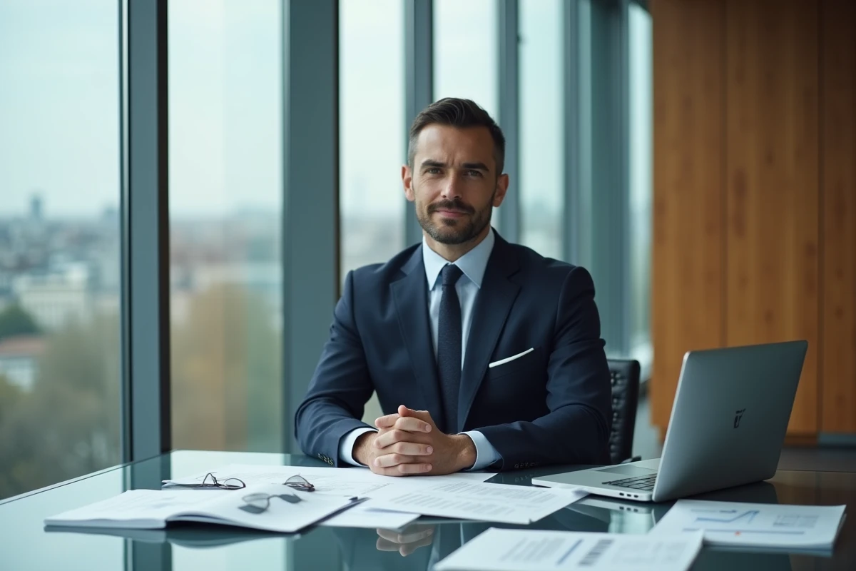 Dirigeant en costume assis dans une salle de réunion moderne avec des documents de stratégie de marques de luxe, symbolisant la gouvernance des empires LVMH et Kering