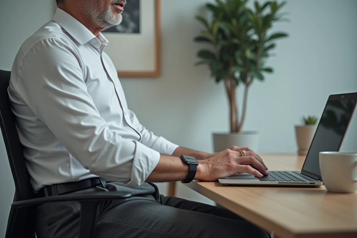 Homme assis à son bureau avec un téléphone attaché à une dragonne en cuir discrète