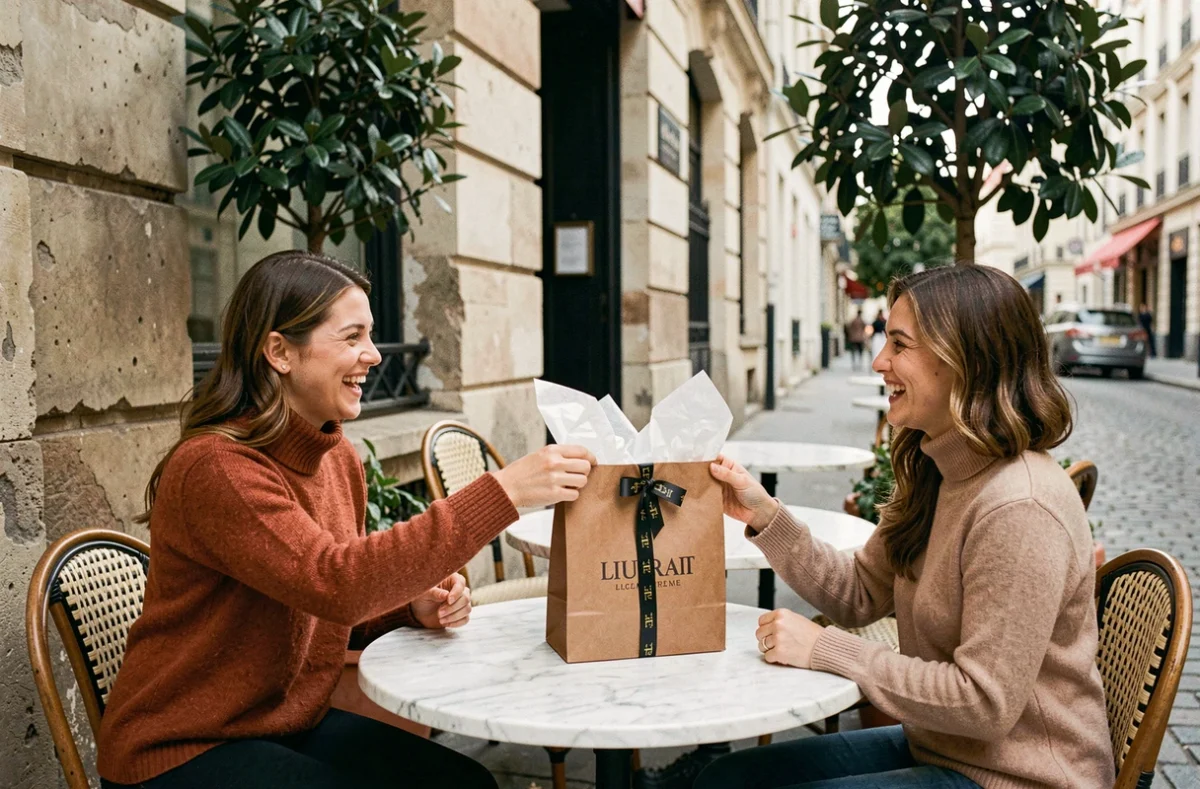 Deux amies échangeant un cadeau de marque de luxe en terrasse à Paris