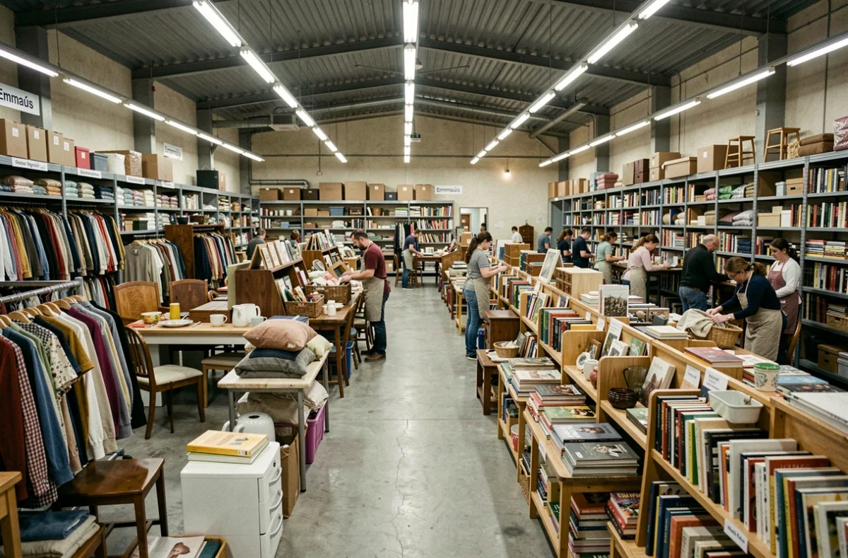 Intérieur spacieux de l'Emmaüs Perpignan avec des bénévoles triant des vêtements et objets de seconde main