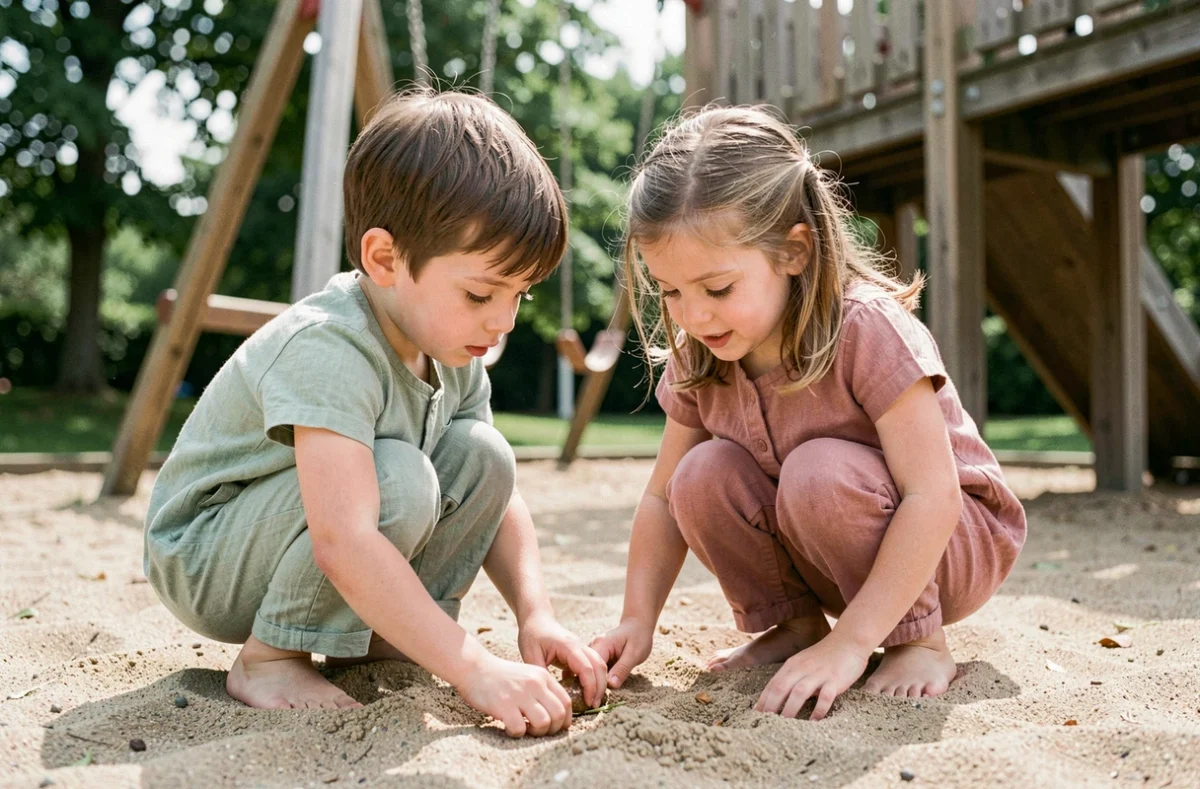 Deux enfants en sarouels lin vert et rose jouant ensemble dans une aire de jeux extérieure en sable