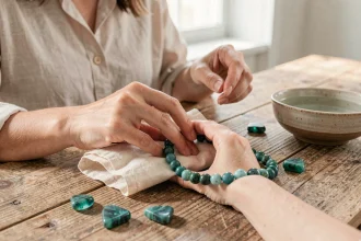 Femme entretenant un bracelet en amazonite avec un chiffon doux sur une table en bois, pierres d'amazonite dispersées autour