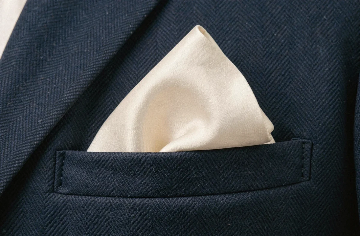 Gros plan sur une pochette en soie mal pliée dépassant de manière asymétrique d'une veste de costume bleu marine