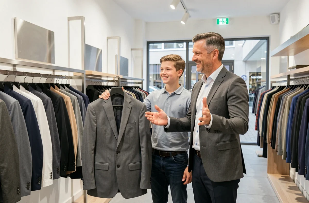 Un père et son fils choisissent un costume ensemble chez Father & Sons à Blagnac