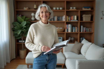 Femme élégante de 70 ans en jeans dans un salon moderne