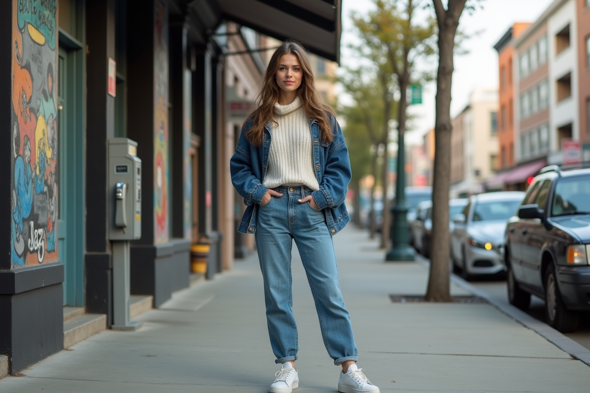 Jeune femme en mode vintage 90s dans la rue