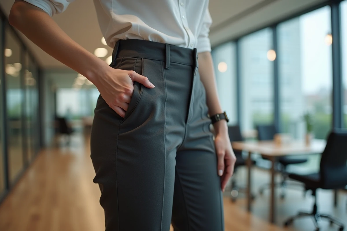 Femme ajustant son pantalon dans un bureau moderne