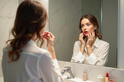 Femme appliquant du rouge à lèvres devant miroir moderne