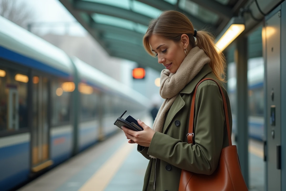 Femme en manteau olive retire une carte RFID à la gare