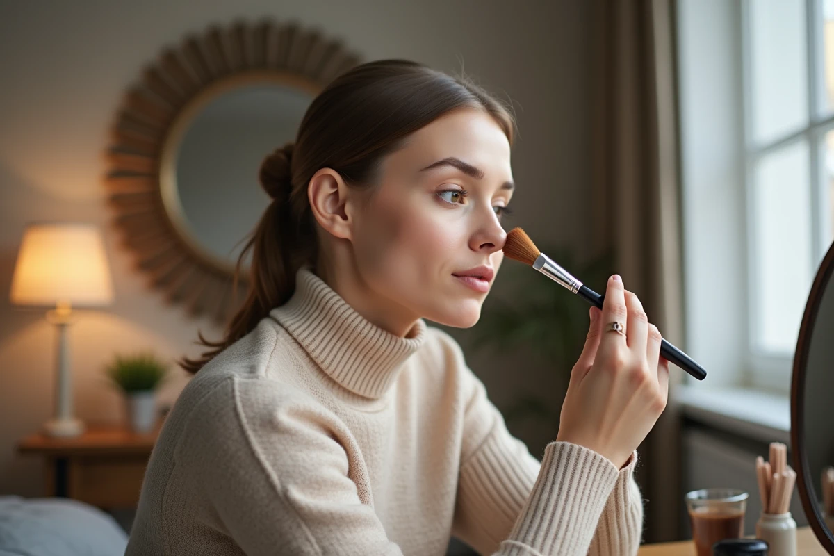 Jeune femme appliquant du contouring maquillage dans sa chambre