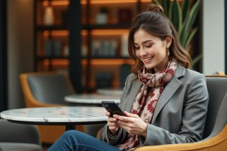 Jeune femme élégante dans une boutique luxe souriante avec smartphone