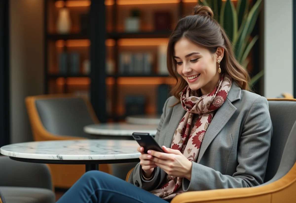 Jeune femme élégante dans une boutique luxe souriante avec smartphone