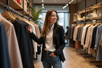 Femme élégante en boutique examinant une robe de créateur