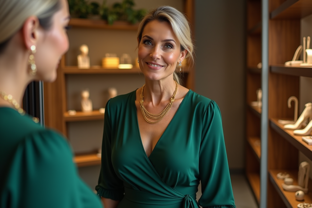 Femme essayant un collier en or dans une boutique élégante