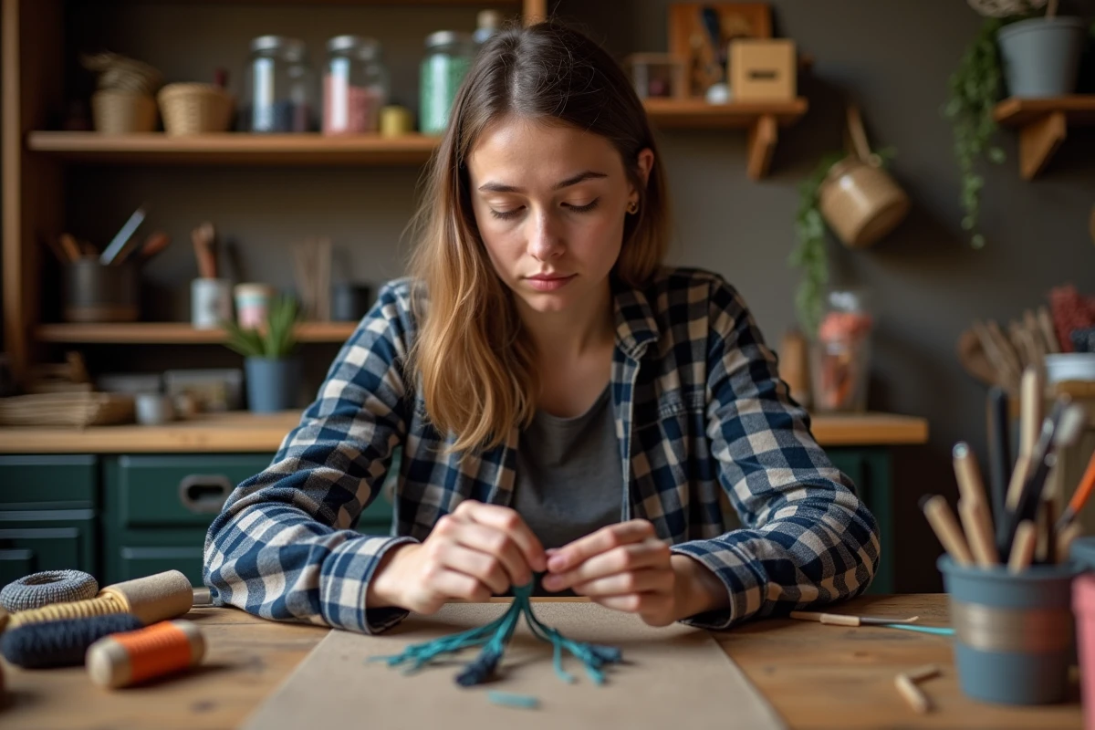 Jeune femme tissant un bracelet en paracord dans un atelier