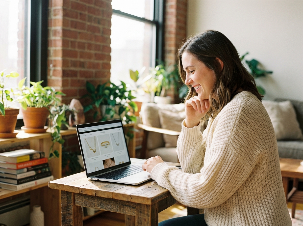 Jeune femme souriante utilisant un ordinateur portable dans un intérieur cosy