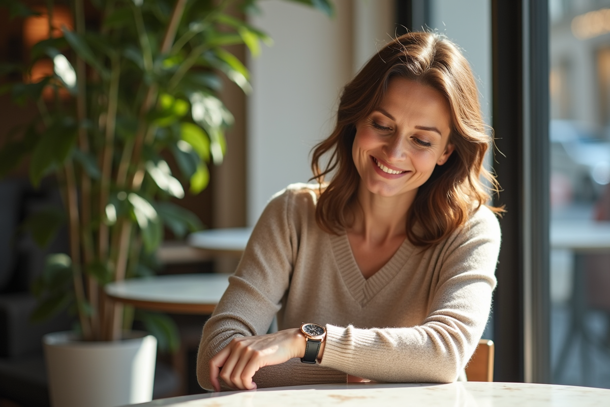 Femme souriante examinant une montre au café lumineux