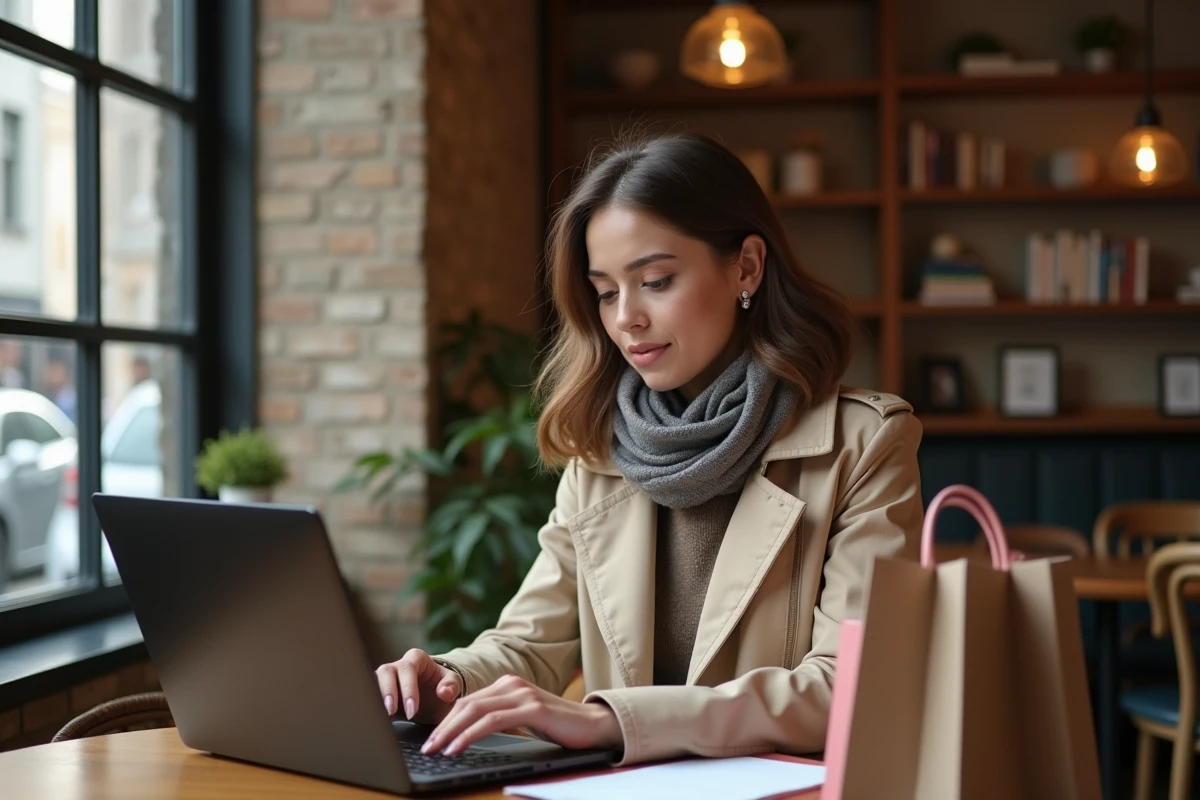 Femme concentr&eacute;e travaillant au caf&eacute; avec sacs shopping
