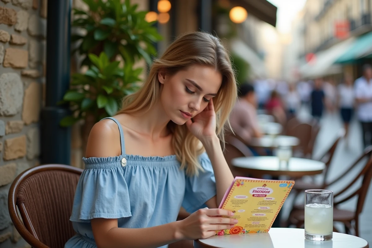 Jeune femme dans un café urbain avec menu d