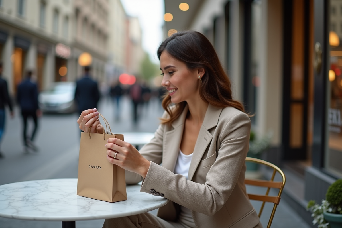 Femme sophistiquée assise dans un café urbain avec sac à la main