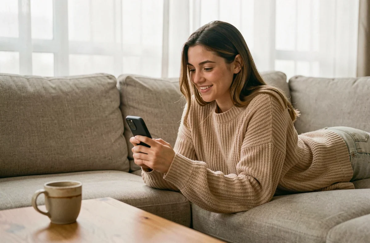 Jeune femme allongée sur un canapé explorant le serveur Discord BTBF sur son smartphone