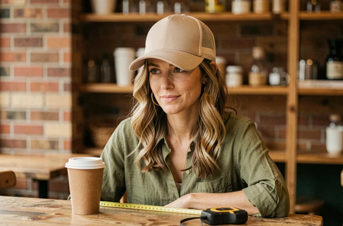 Femme portant une casquette trucker beige dans un café avec un mètre ruban posé sur la table en bois