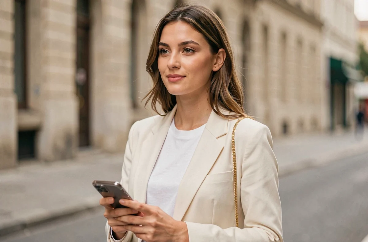 Femme élégante portant une chaîne minimaliste dorée pour smartphone en bandoulière dans une rue urbaine