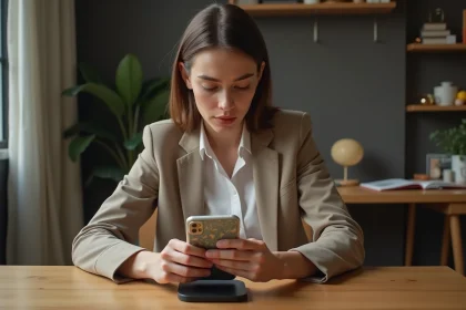 Jeune femme tente de charger son iPhone 15 Pro sans succ&egrave;s