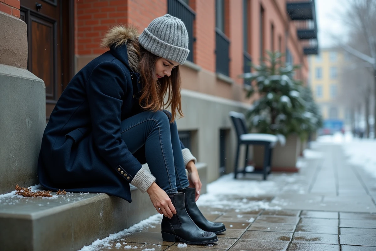 Jeune femme nettoyant ses bottines noires salines hiver