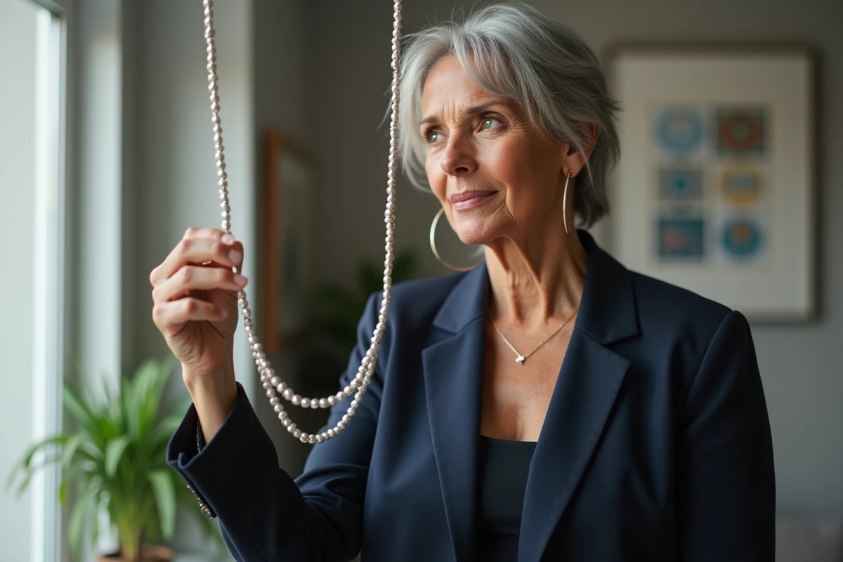 Femme aux cheveux argentés tenant un collier emmêlé devant une fenêtre avec des illustrations astrologiques en arrière-plan