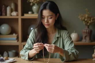 Femme qui démêle un collier en or avec expression méditative entourée de cristaux et de livres astrologiques