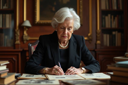 Femme âgée élégante regardant des documents anciens