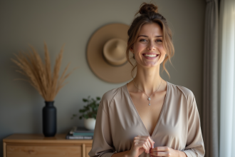 Femme souriante portant une blouse taupe et un collier délicat