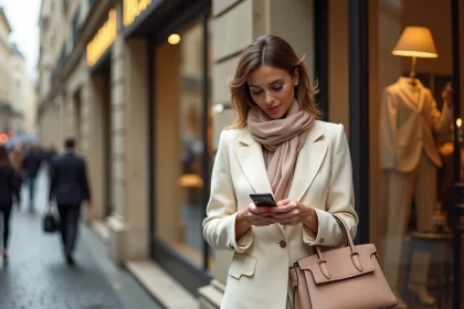 Femme élégante tenant un sac de luxe devant une boutique parisienne haut de gamme, illustrant les grandes maisons des groupes LVMH et Kering