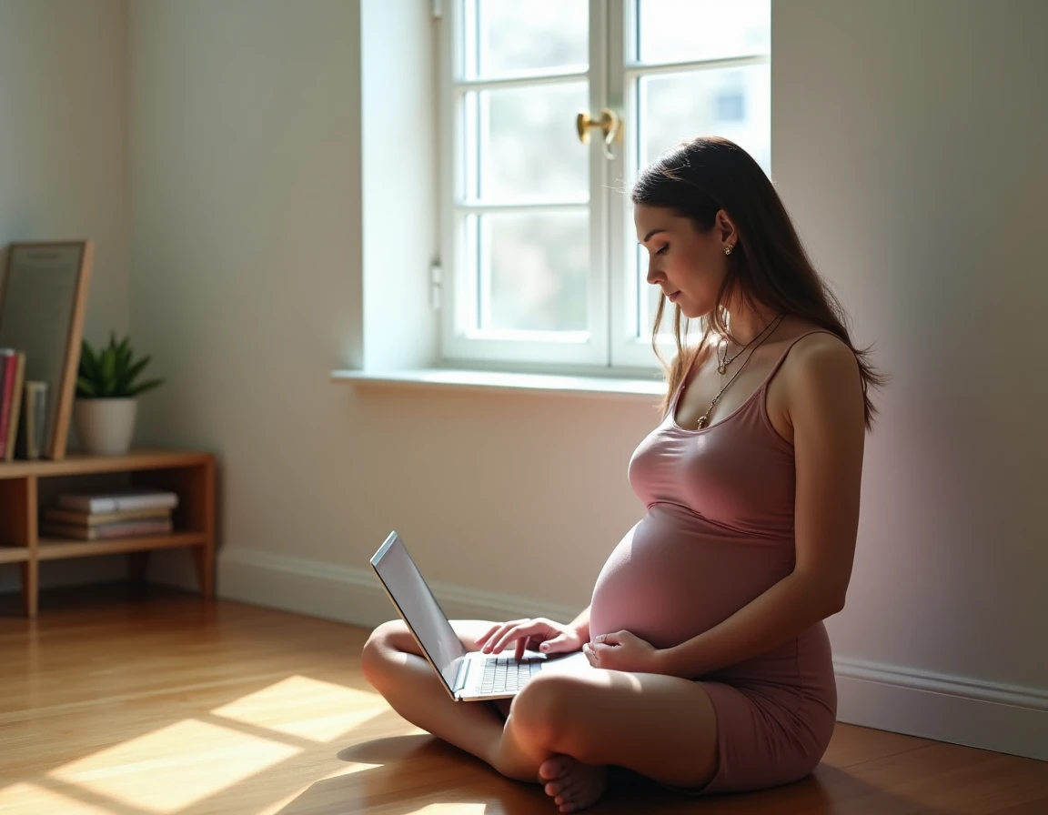 Femme enceinte cherchant un bola de grossesse pas cher sur internet depuis chez elle