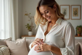 Femme enceinte tenant un bola de grossesse argenté entre ses doigts dans un salon cosy