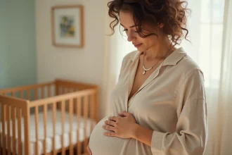 Femme enceinte tenant un bola de grossesse argenté contre son ventre dans une chambre de bébé apaisante