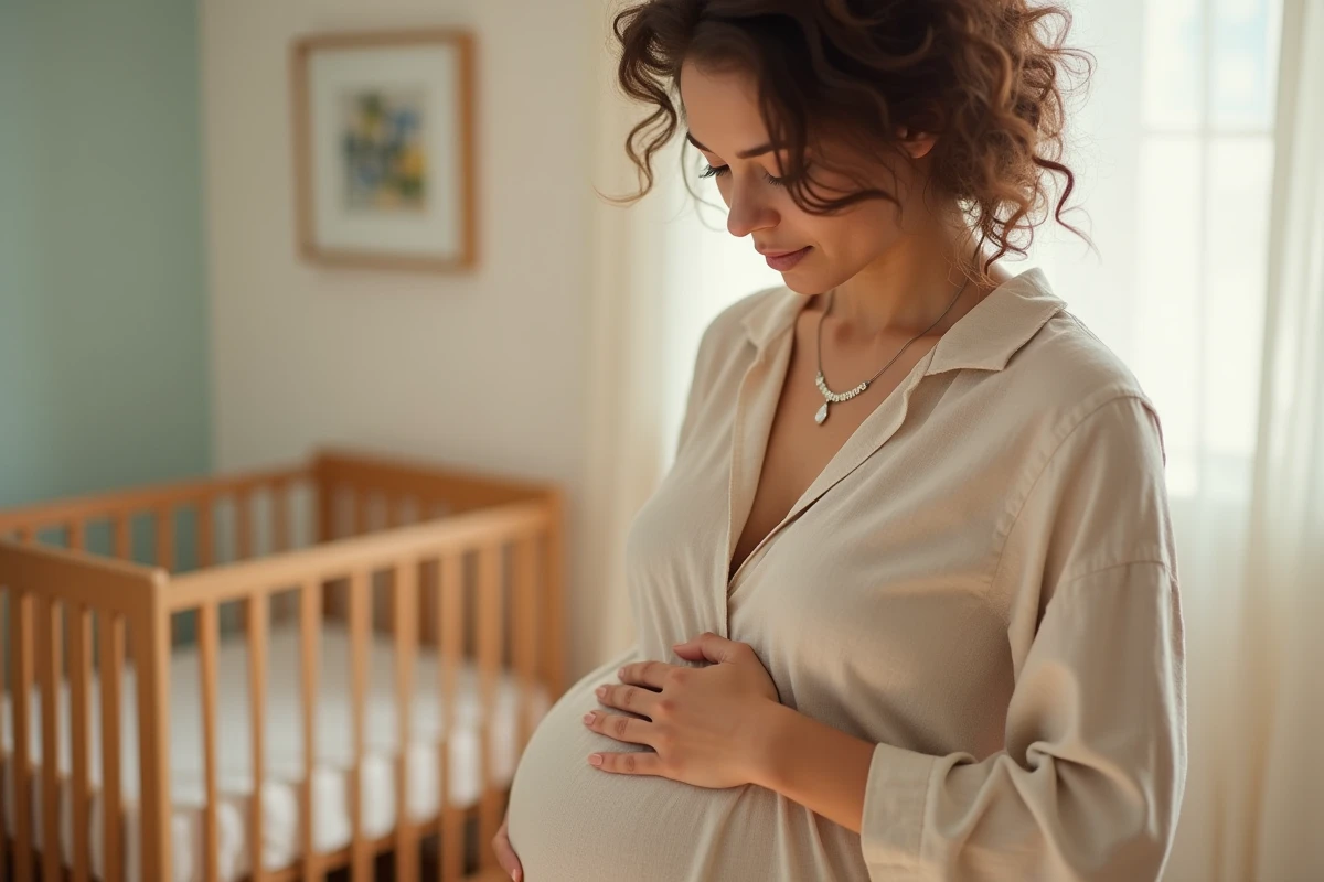 Femme enceinte tenant un bola de grossesse argenté contre son ventre dans une chambre de bébé apaisante
