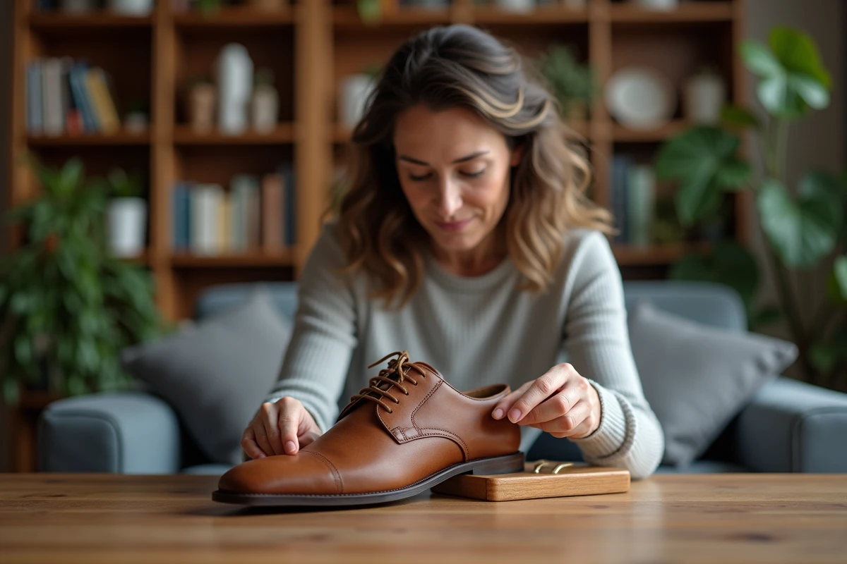 Femme en détente ajustant une chaussure en cuir avec un embauchoir