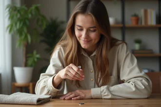Jeune femme examinant une bague magnétique avec concentration