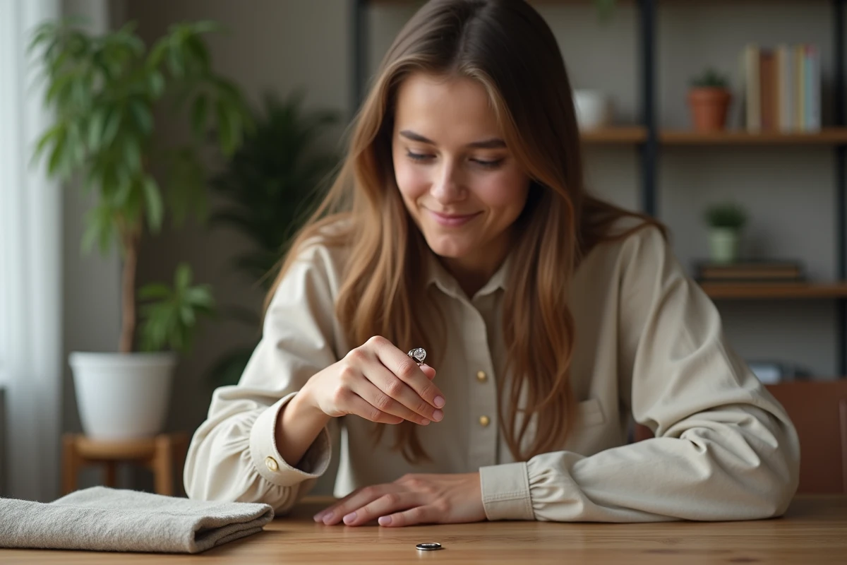 Jeune femme examinant une bague magnétique avec concentration