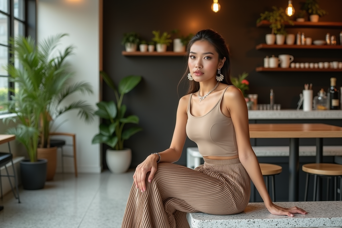 Femme élégante en jupe métallique dans un café urbain