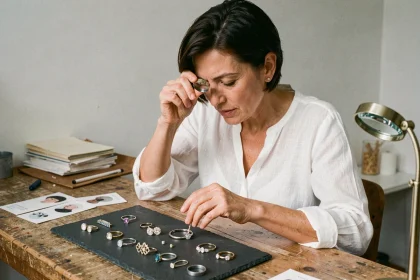 Femme examinant des bijoux fantaisie à la loupe pour identifier l'absence de métal précieux