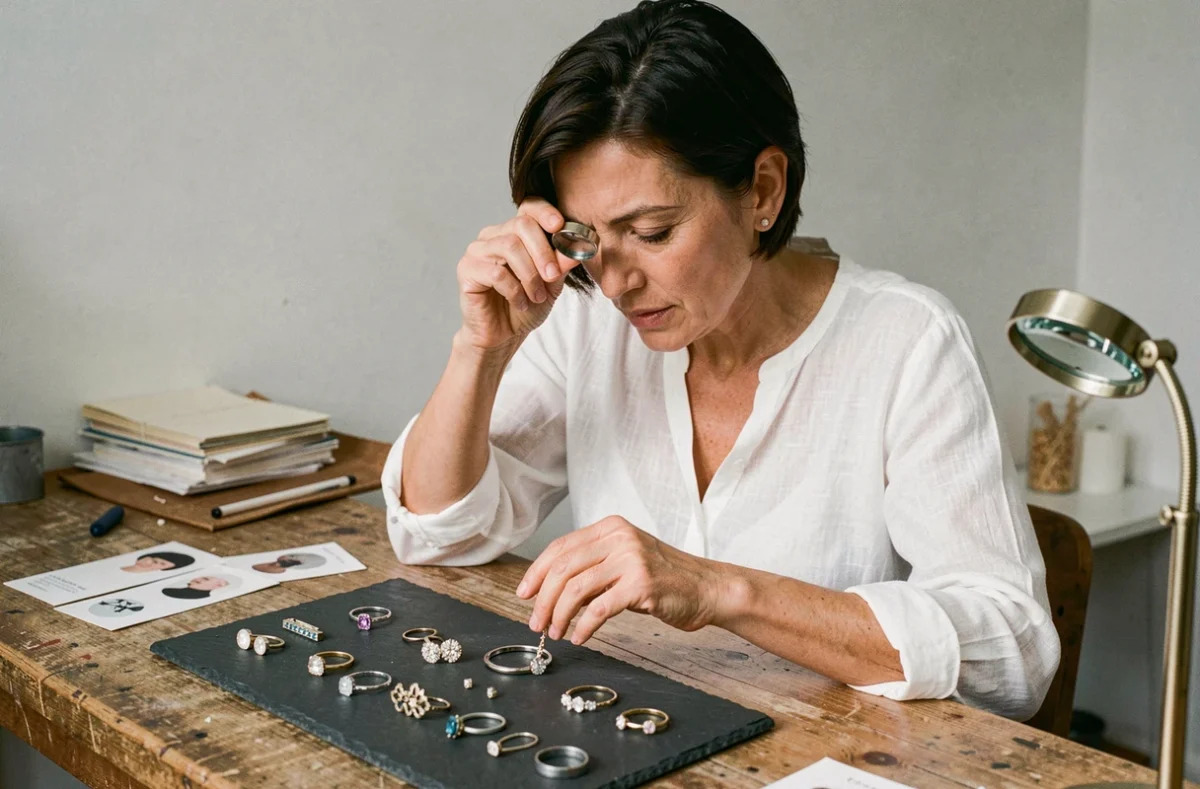 Femme examinant des bijoux fantaisie à la loupe pour identifier l'absence de métal précieux